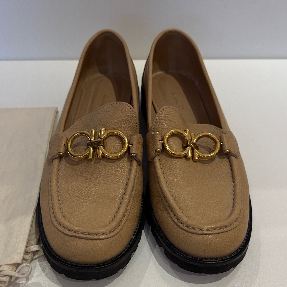 Salvatore Ferragamo Beige Leather Loafers with Gold Detail